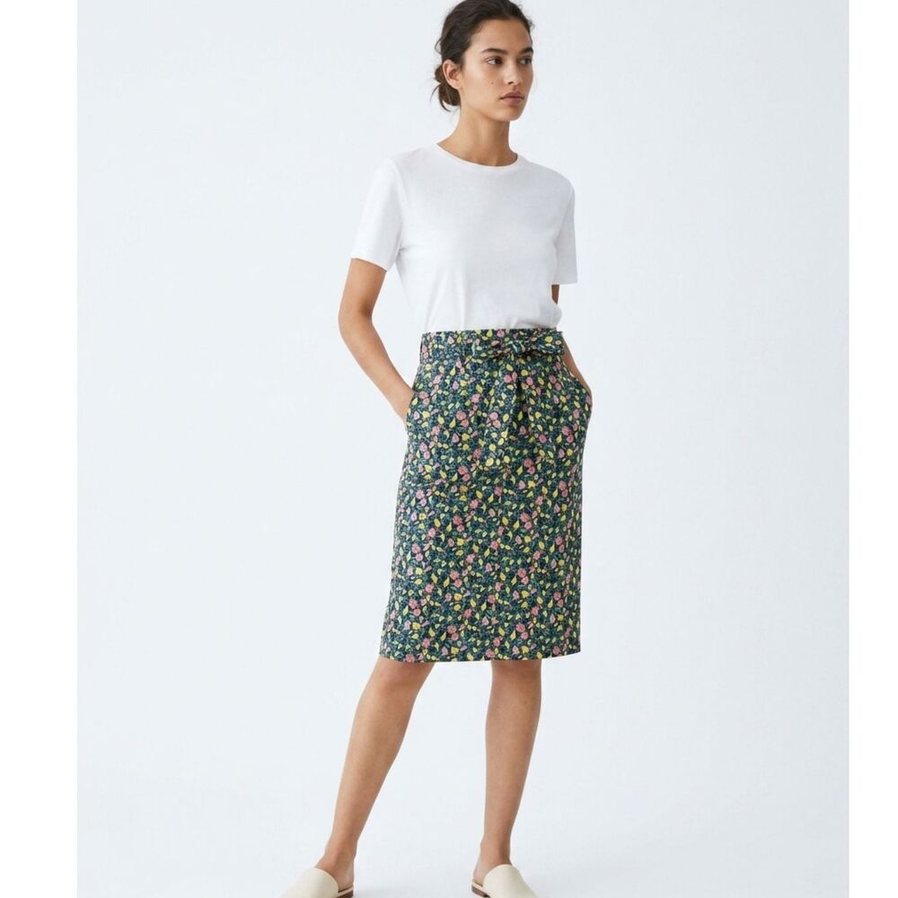 1901 Nordstrom Pencil Skirt Women 8 Navy Lemon Floral Print Cotton Blend NWT Spr
